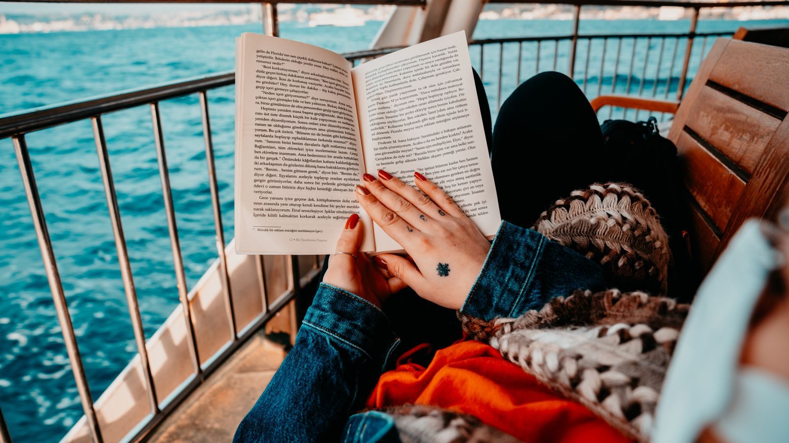 Open guidebook held at a railing above the sea, as a reader studies the Berlitz cruise guide